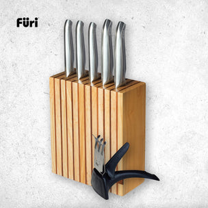 Furi Pro Teak & Rubberwood Knife Block 7 Pc Set